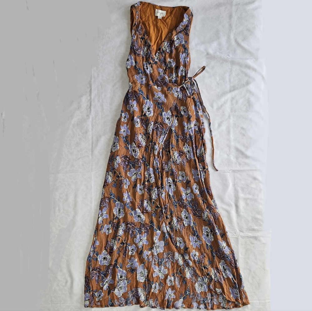 Everly Womens M Orange Purple Floral Wrap Dress V Neck Sleeveless Hi Lo Hem Tie